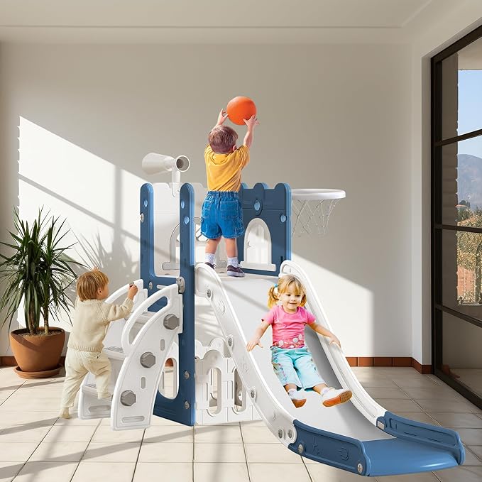 6 in 1 Toddler Slide for Toddler Age 1-3,Kids Climber Slider for Indoor Outdoor Playground with Basketball Hoop