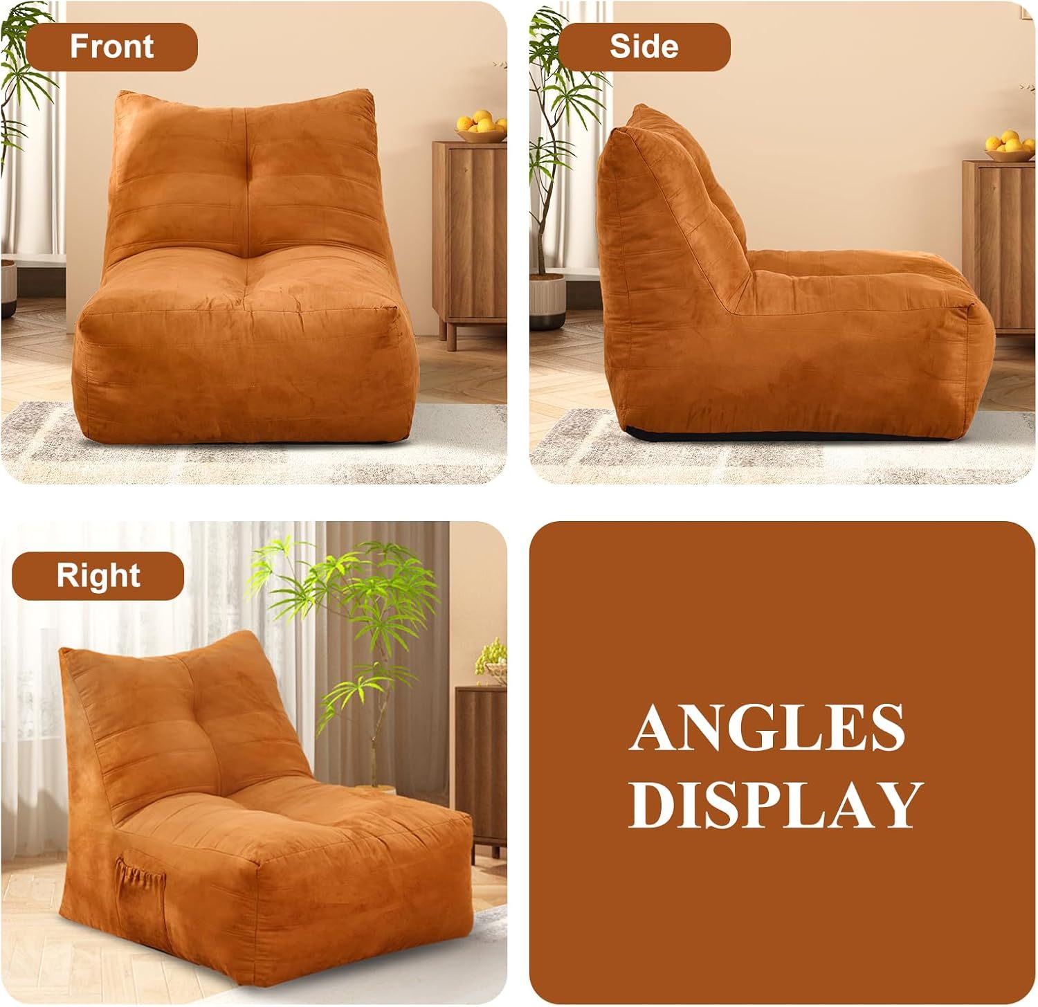 Bean Bag Chair for Adult, Suede Upholstered Bean Bag Sofa with Large Pocket, Stuffed Beanbag Chair with Pull-Ring