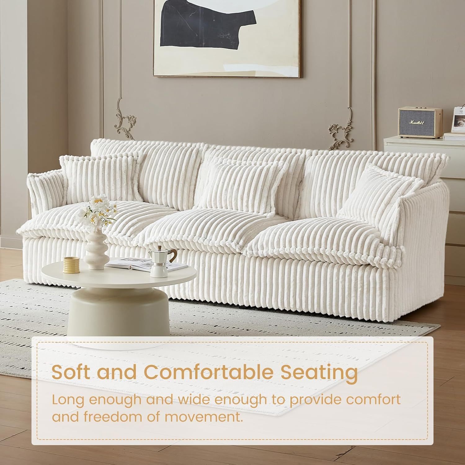 101" Spacious Corduroy Futon Couch, 3 Seater White Cloud Couch, Comfy Soft Sofa, Modern Corduroy Couch for Bedroom, 2 Seater Floor Couch for Living Room, Memory Foam Couch(White, 3 Seater)