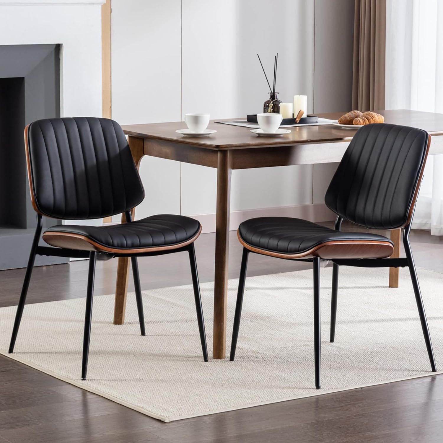 Dining Chairs Set of 2, PU Leather Upholstered Side Chairs with Open Back, Tufted Kitchen Chairs with Metal Legs