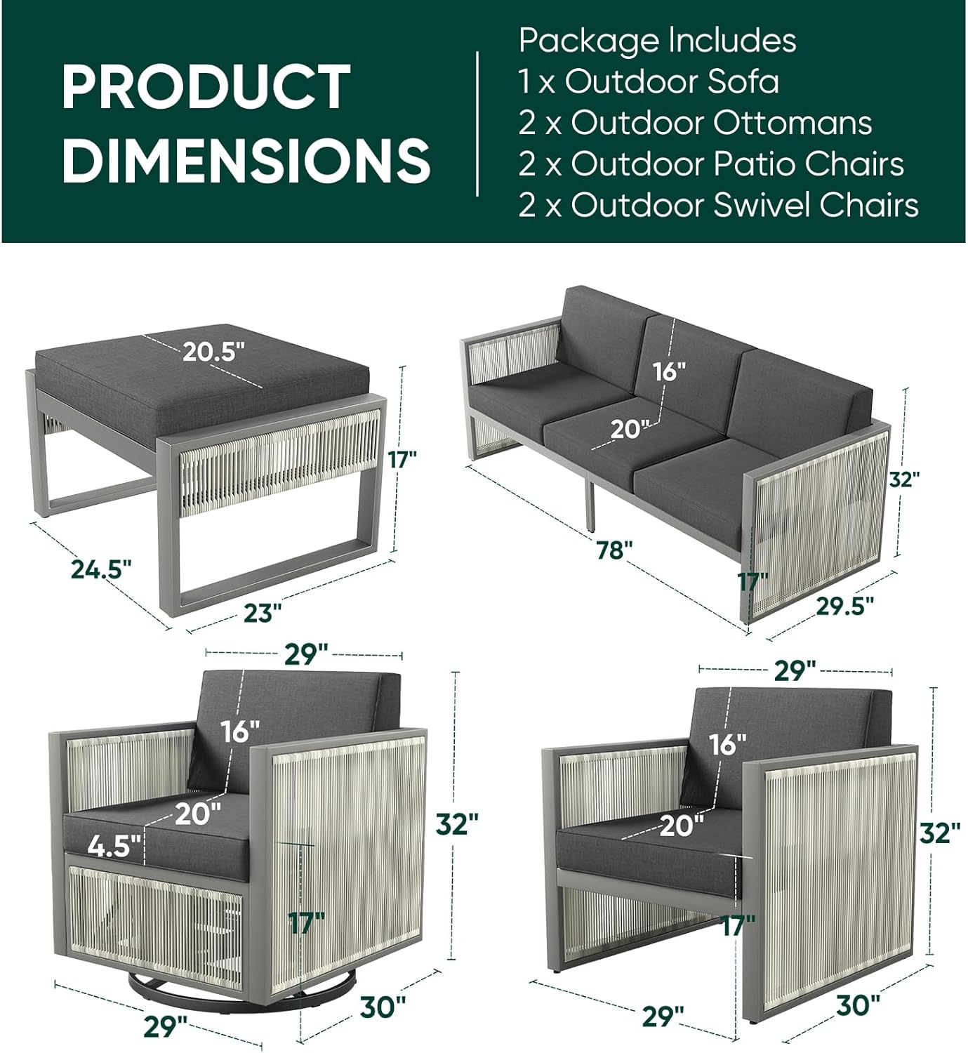 7 Piece Outdoor Patio Furniture Set All-Weather Wicker Outdoor Sofa Patio Rocking Chairs with 4.5" Thick Cushion Patio Conversation Sets