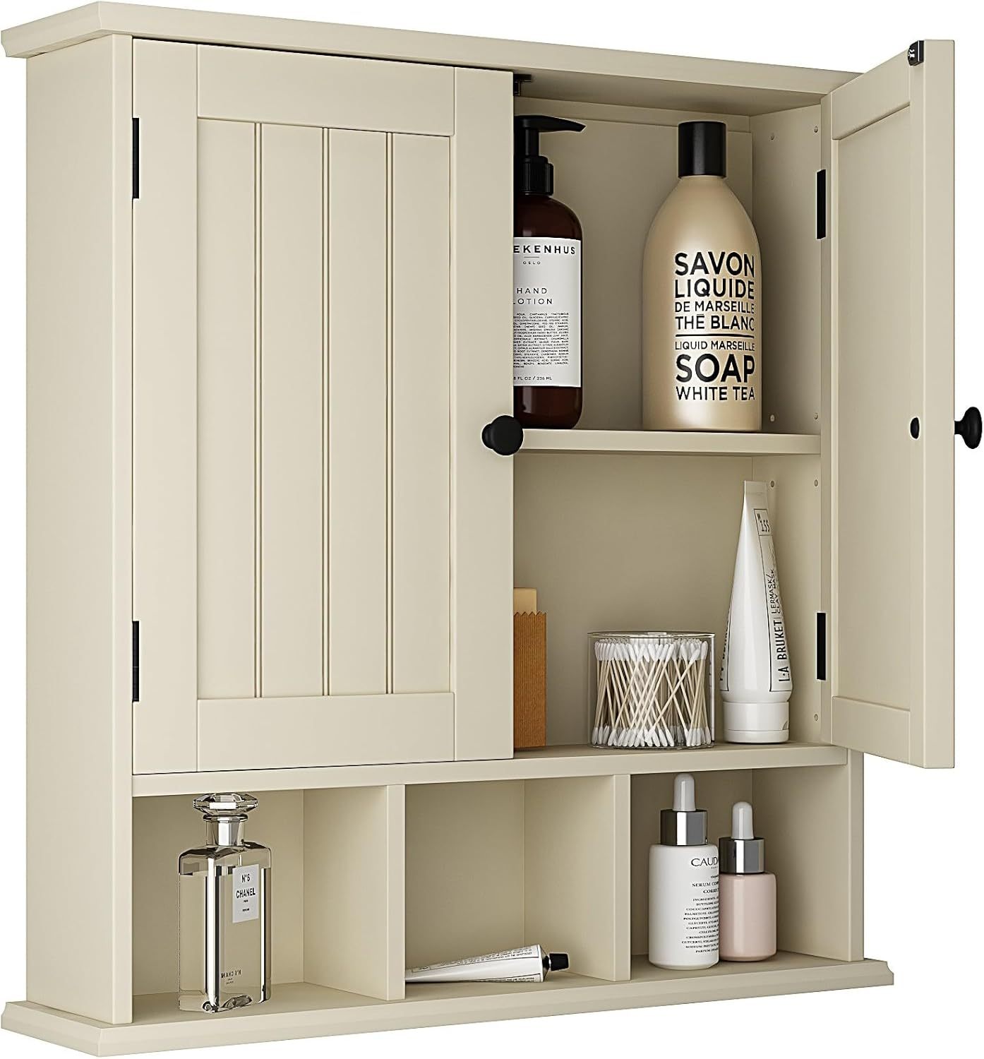 Bathroom Cabinet Wall Mounted 2-Door with 3 Open Shelves, Wooden Medicine Cabinets with Adjustable Shelf