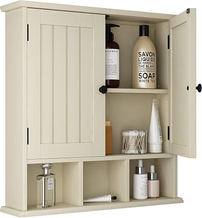 Bathroom Cabinet Wall Mounted 2-Door with 3 Open Shelves, Wooden Medicine Cabinets with Adjustable Shelf