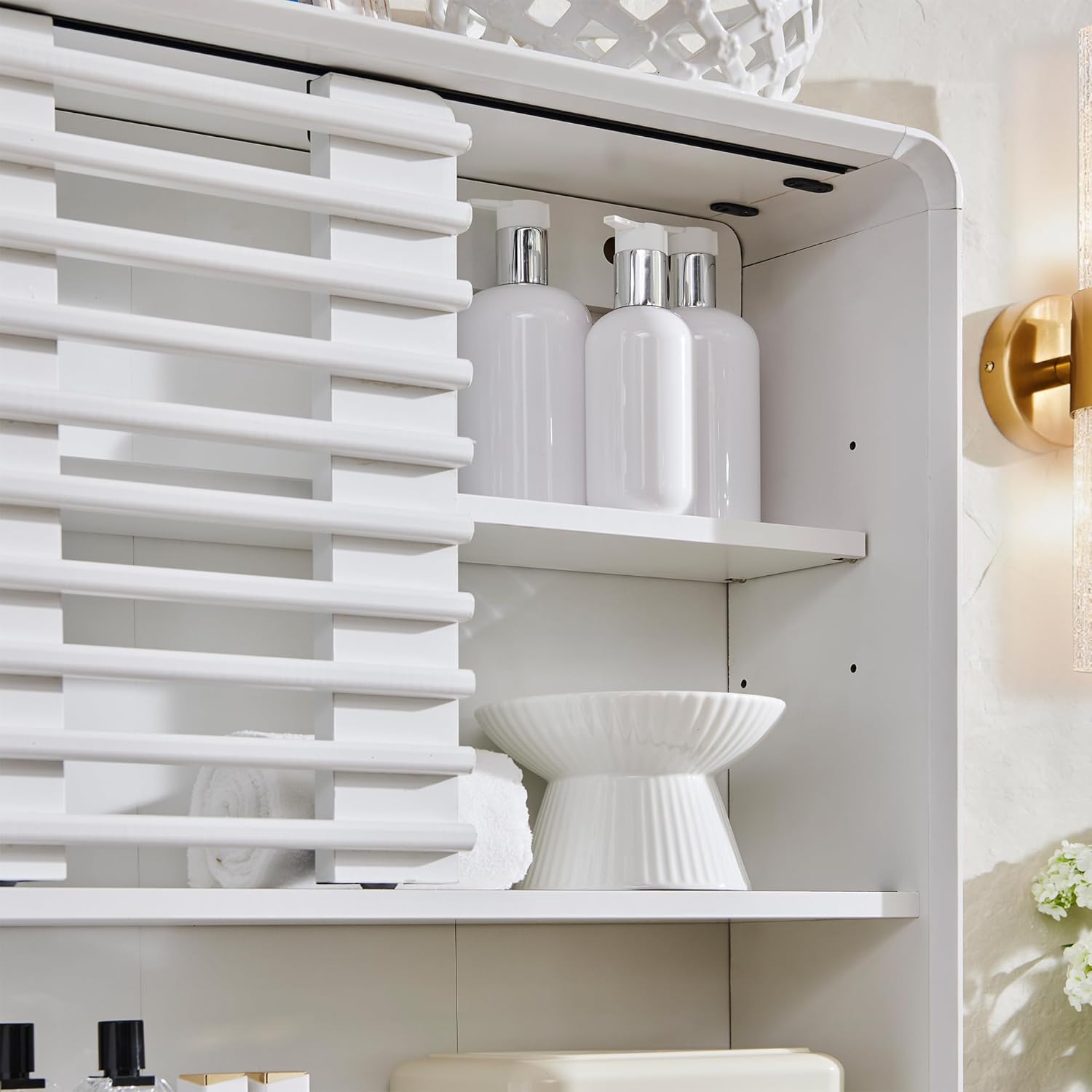 Bathroom Wall Cabinet, Mid-Century Medicine Cabinet with Slatted Sliding Door, Adjustable Shelf & Curved Edges