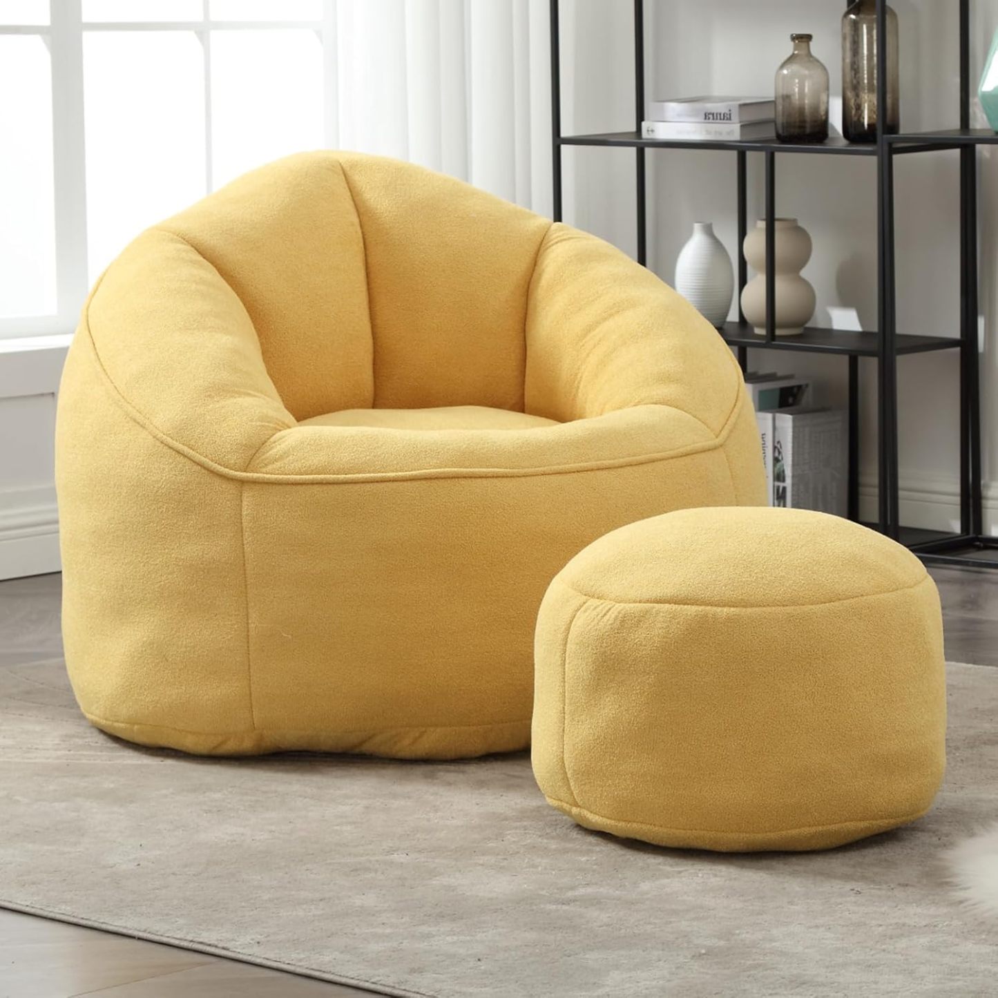 Bean Bag Chair for Adult, Microfiber Upholstered Bean Bag Sofa with Petal Back, Shell-Shaped Beanbag Chair with Footstool