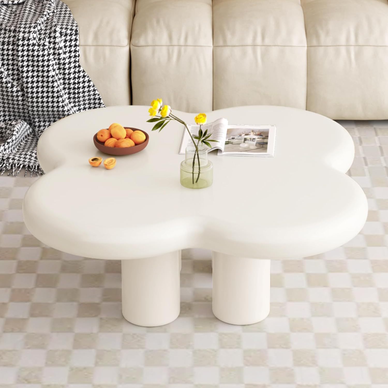 33.46" White Coffee Table, Funky Floral-Shaped Coffee Table Living Room, Bedroom, Home Office, Balcony or Lounge