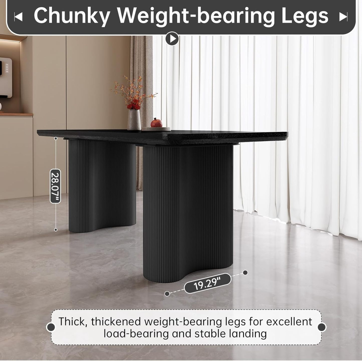 63" Black Dining Table, Modern Kitchen Table with Spacious Desktop, Kitchen Dining Table with Sturdy Sleek Wave Support Pedestal for Dining Room