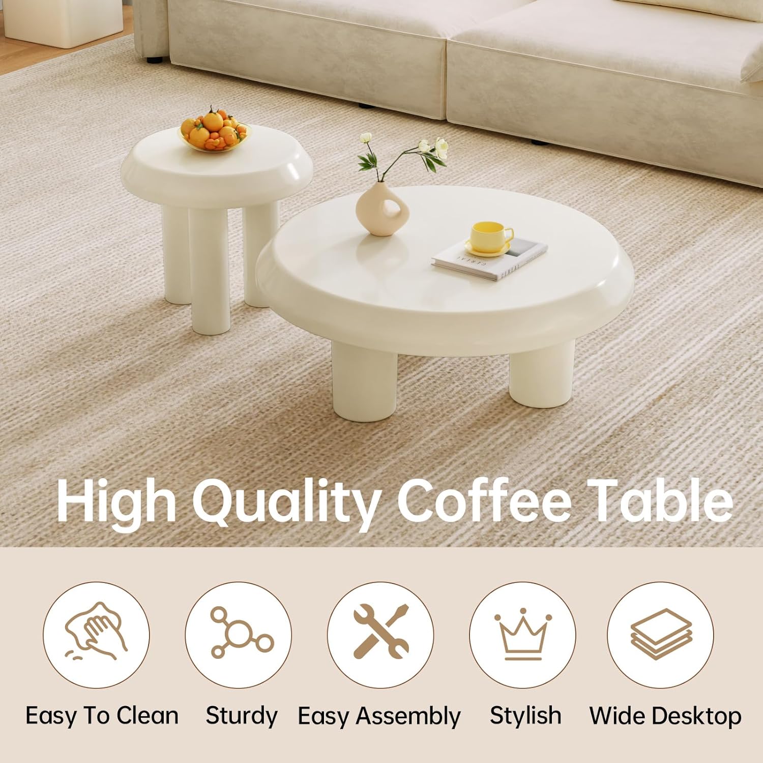 Round Coffee Table with Round End Table Sets, 3 in 1 Multifunctional Nesting Coffee Table Set of 2, Modern Coffee Table Sets with Sturdy Legs