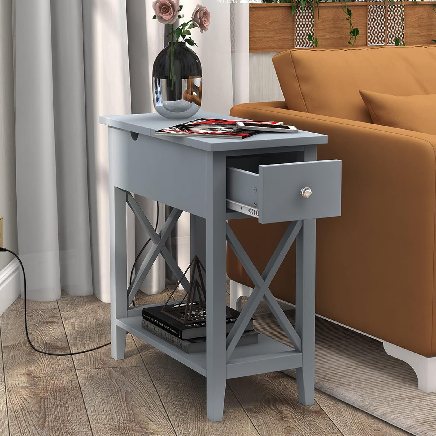 End Table with Charging Station, Narrow Side Table with USB Ports and Outlets, Nightstand with Drawer