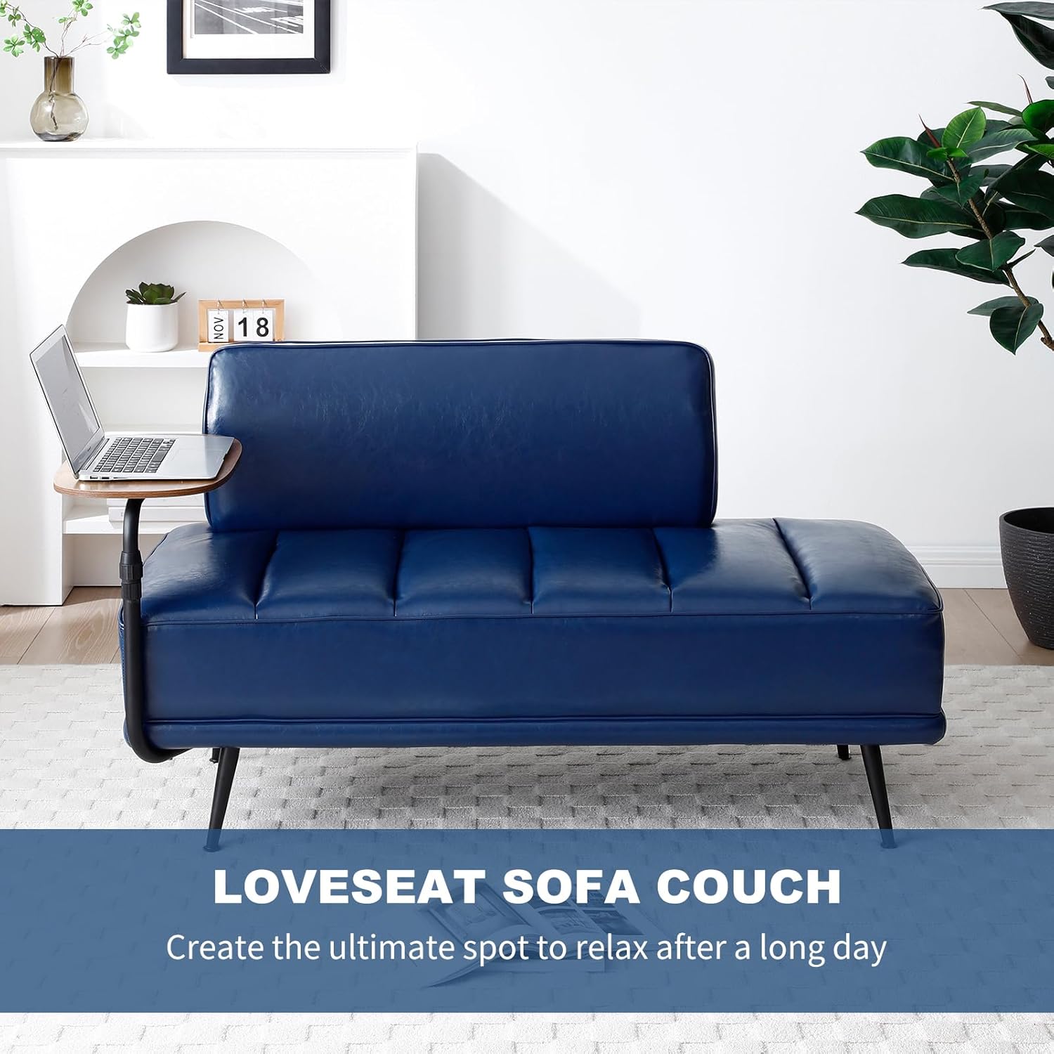 Modern Loveseat Sofa Couch, PU Leather Upholstered Small 2 Seat Sofa Couch with Side Table, Tufted Accent Sofa Couch with Metal Legs