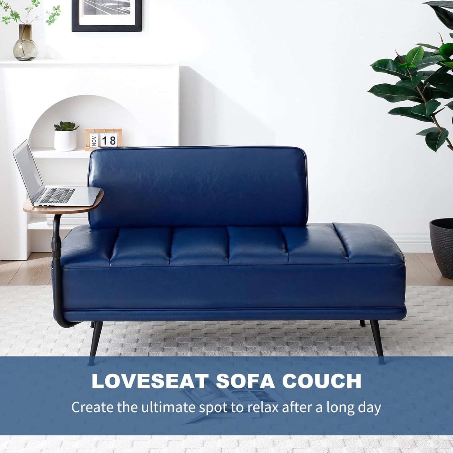 Modern Loveseat Sofa Couch, PU Leather Upholstered Small 2 Seat Sofa Couch with Side Table, Tufted Accent Sofa Couch with Metal Legs