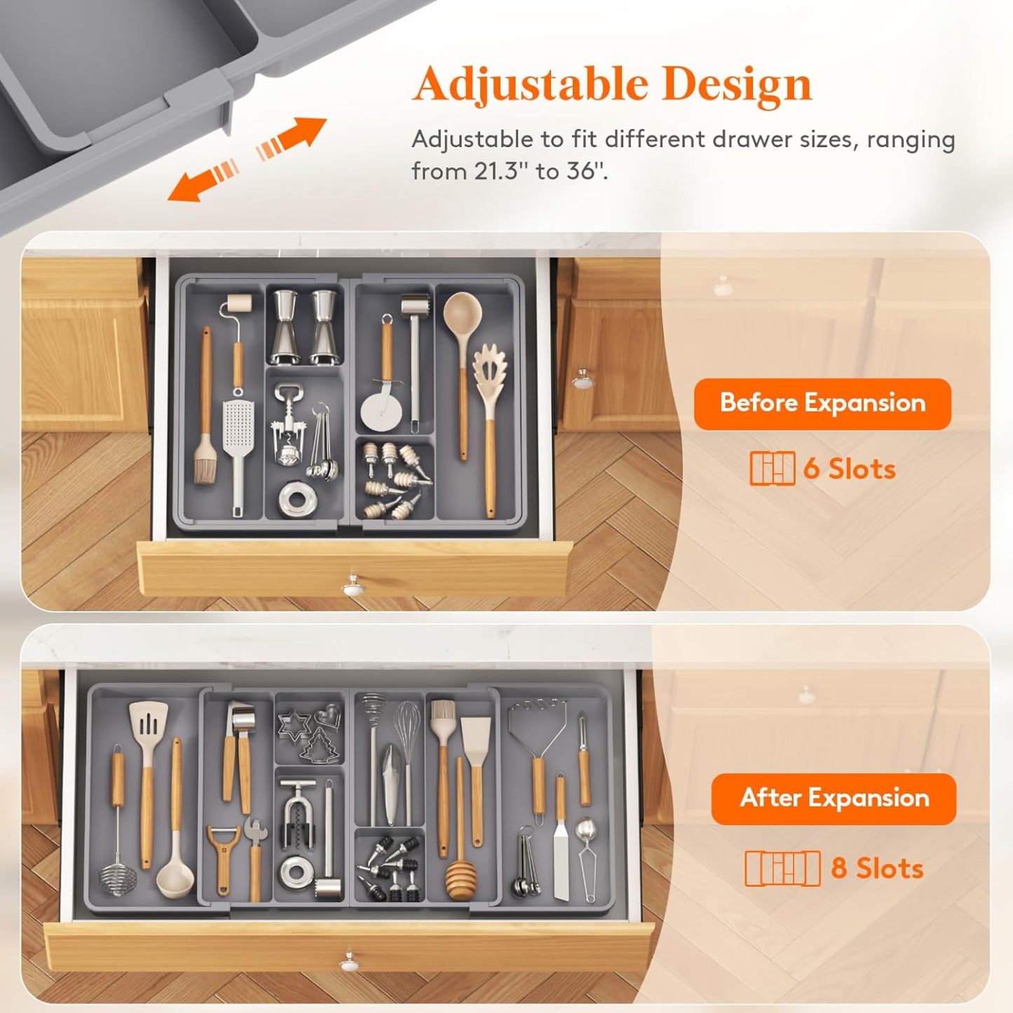 Large Utensil Organizer for Kitchen Drawer, Expandable From 21 to 36 Inches, Adjustable Cooking Silverware Tray