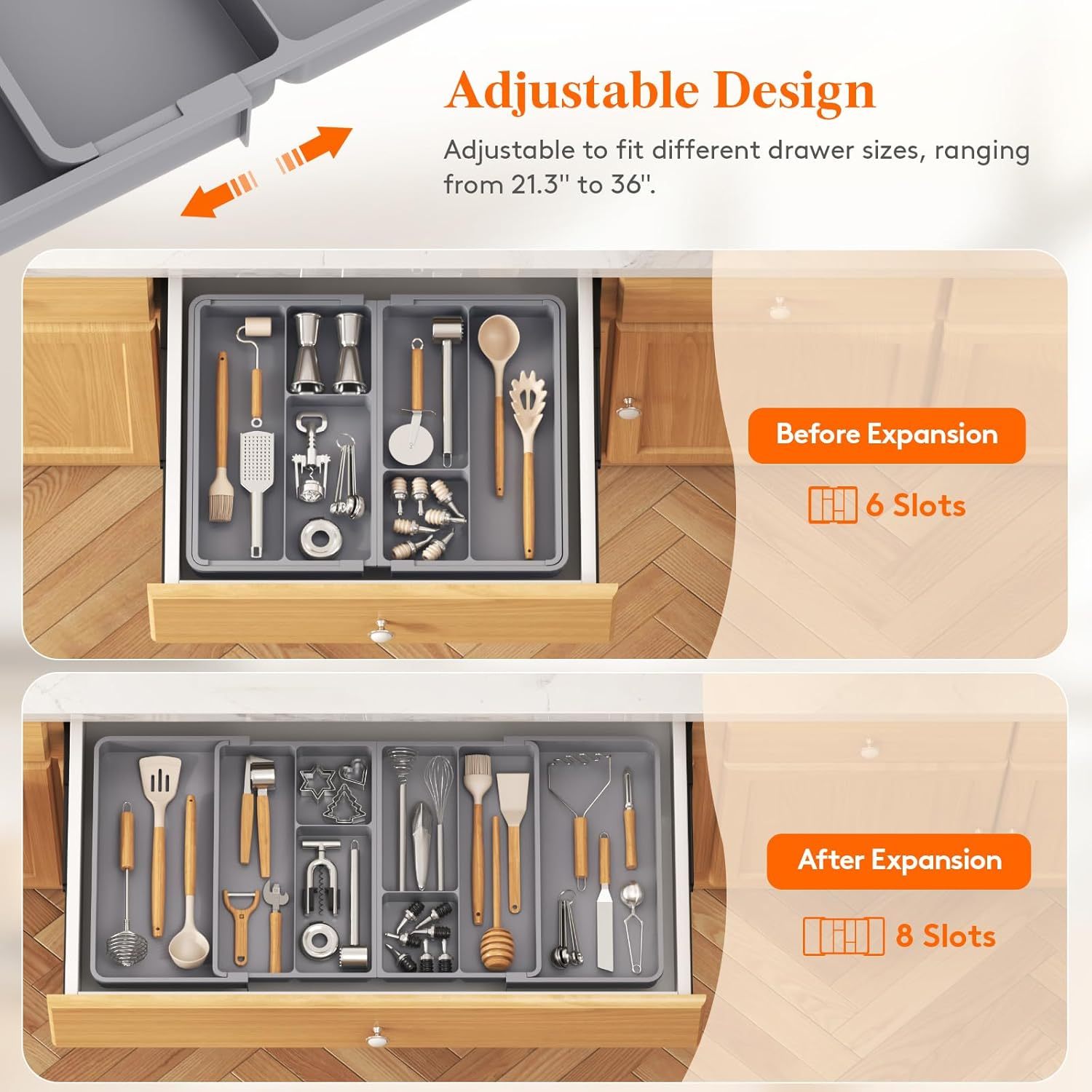 Large Utensil Organizer for Kitchen Drawer, Expandable From 21 to 36 Inches, Adjustable Cooking Silverware Tray
