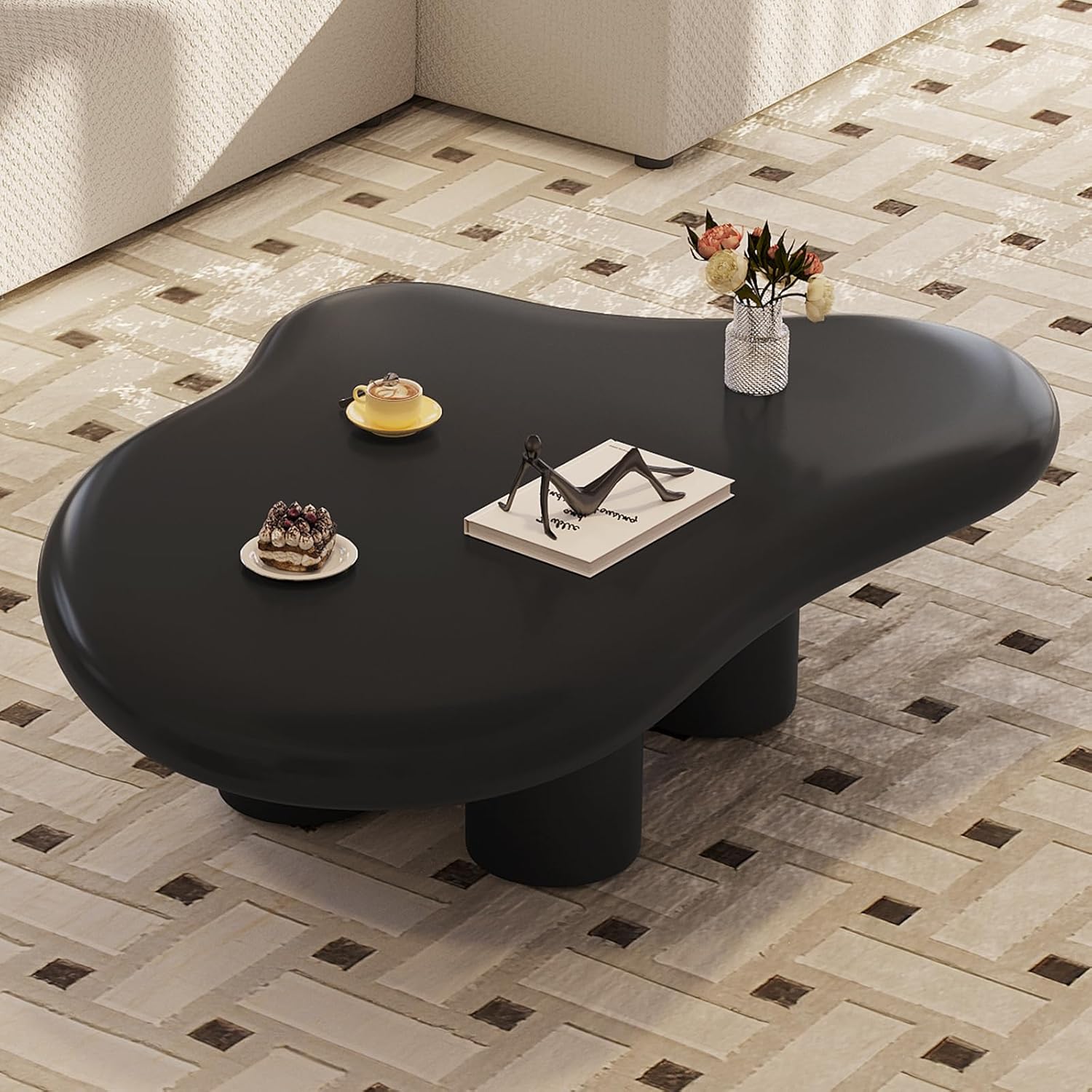 35.82" Black Cloud Coffee Table, Modern Round Edge Coffee Table with 4 Sturdy Support Legs and 2.67" Thick Tabletop,Easy Match for Living Room