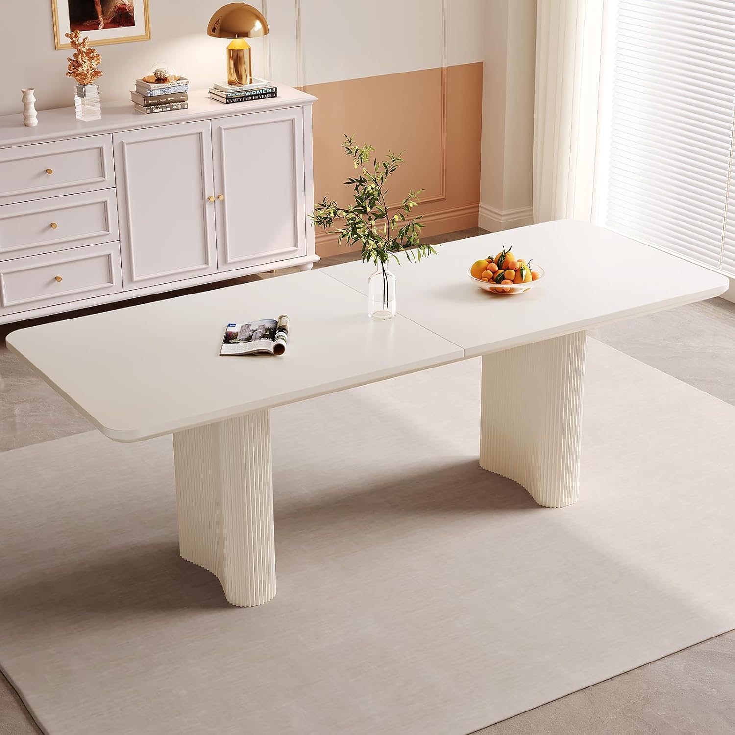 79" Rectangular Dining Table for 2-8, Large White Kitchen Table with 1.92" Dining Top and Sturdy Sleek Wave Pedestal