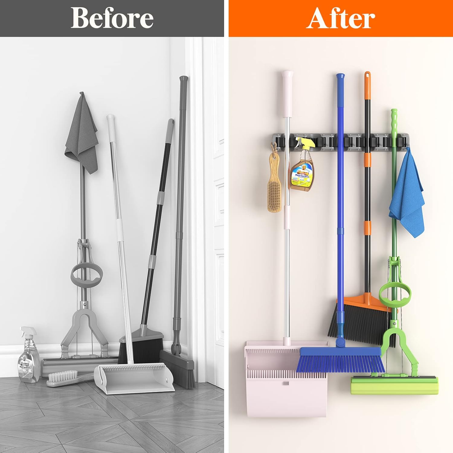 Mop and Broom Holder Wall Mount, Anti-Slip Broom Hanger for Kitchen Organization, Heavy Duty Cleaning Supplies Organizer