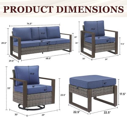 Outdoor Patio Furniture-7 Piece All-Weather Outdoor Furniture Set Wood Grain Wide Armrest Outdoor Chairs with Rattan Wicker Sofa