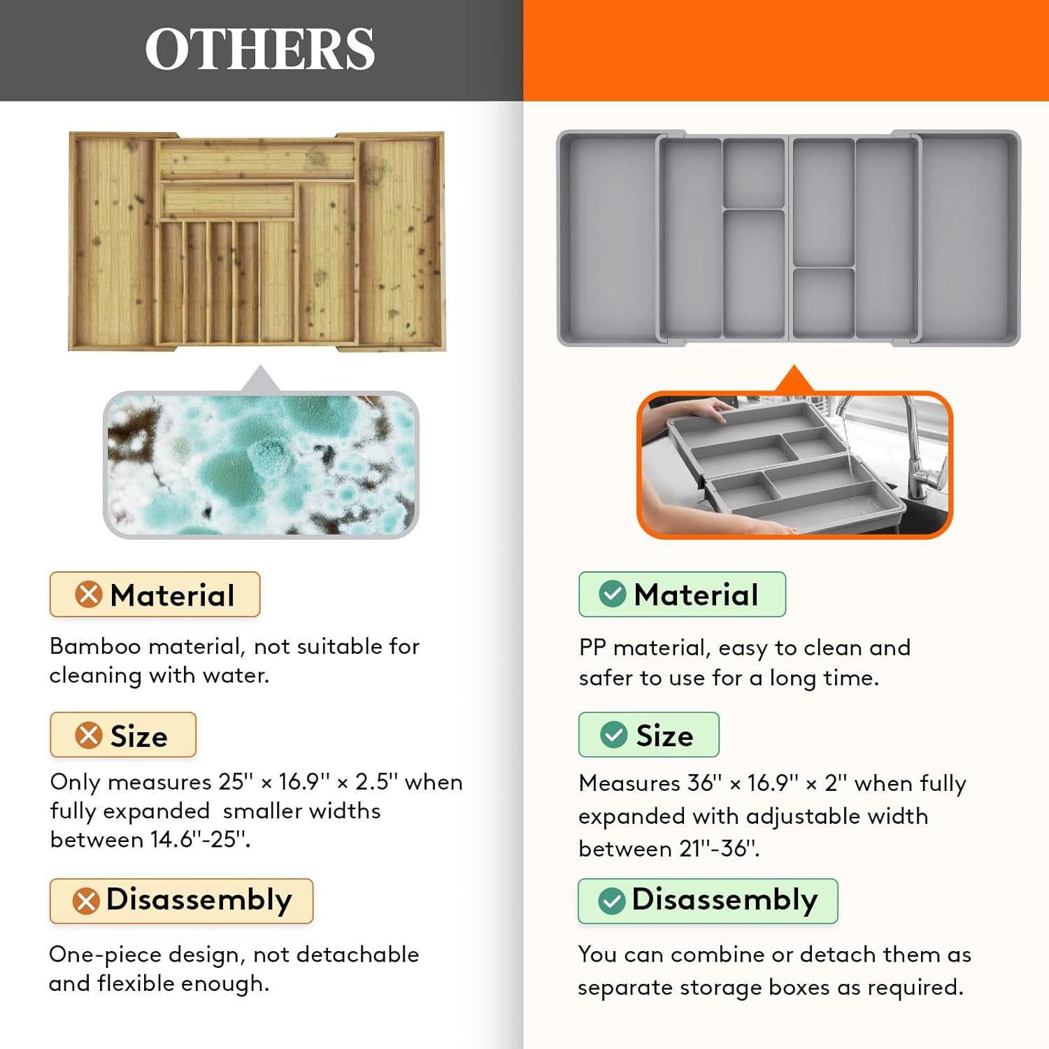 Large Utensil Organizer for Kitchen Drawer, Expandable From 21 to 36 Inches, Adjustable Cooking Silverware Tray