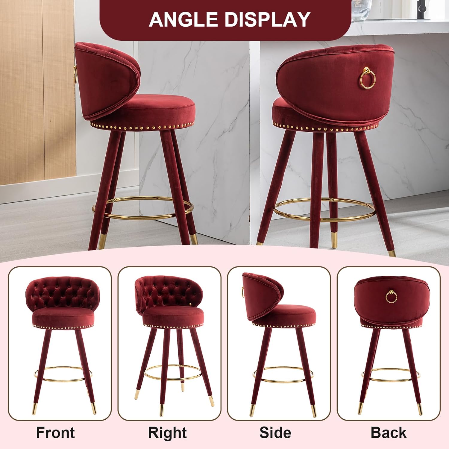 Velvet Bar Stools Set of 2, Counter Height Bar Stools, Retro Wooden Pub Barstools with Back and Footrest