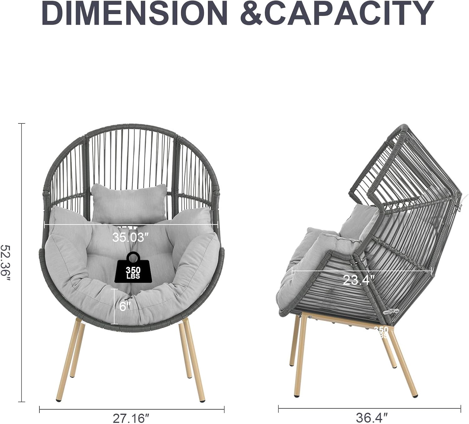 Egg Chair Oversized Outdoor Lounger Wicker Egg Basket Chair with Stand Cushions for Patio Backyard Bedroom Living Room 350LB Capacity