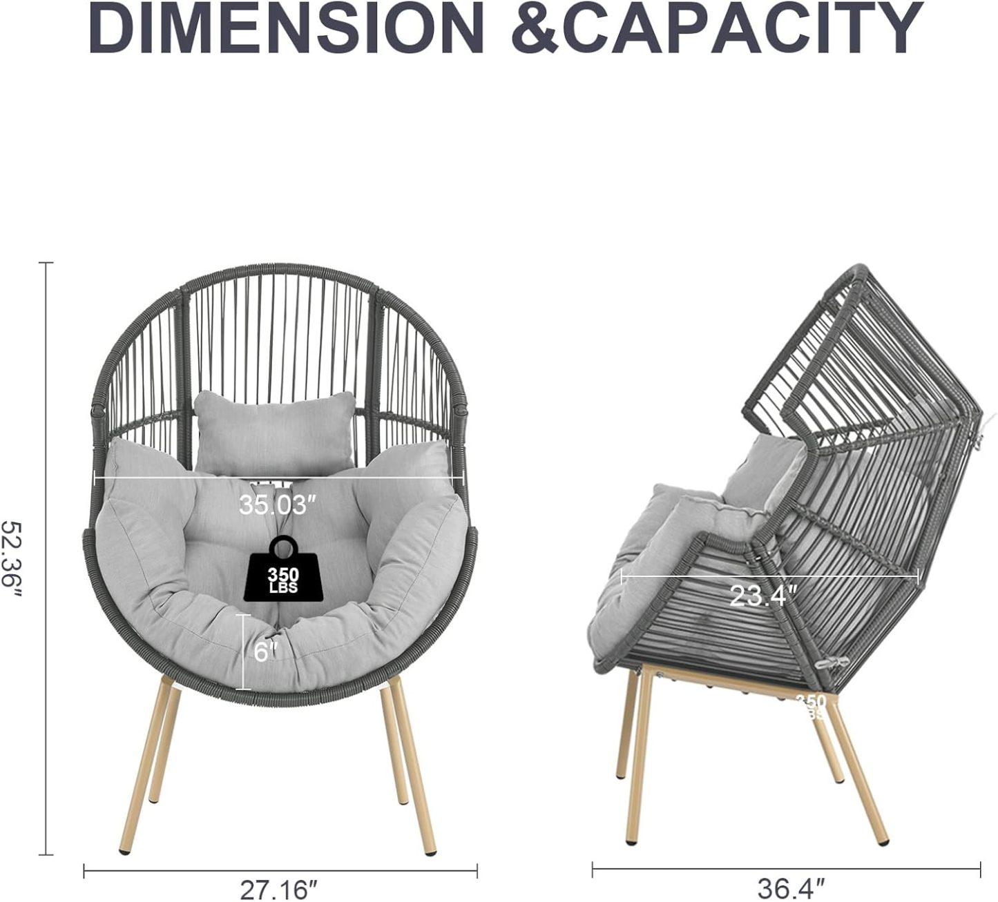 Egg Chair Oversized Outdoor Lounger Wicker Egg Basket Chair with Stand Cushions for Patio Backyard Bedroom Living Room 350LB Capacity