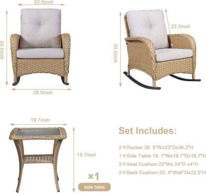 Patio Wicker Rocking Chairs Set of 2 Rattan Outdoor Rocking Chairs for Front Porch Garden Backyard Lawn Balcony Weather Rocker Chair with Side Table