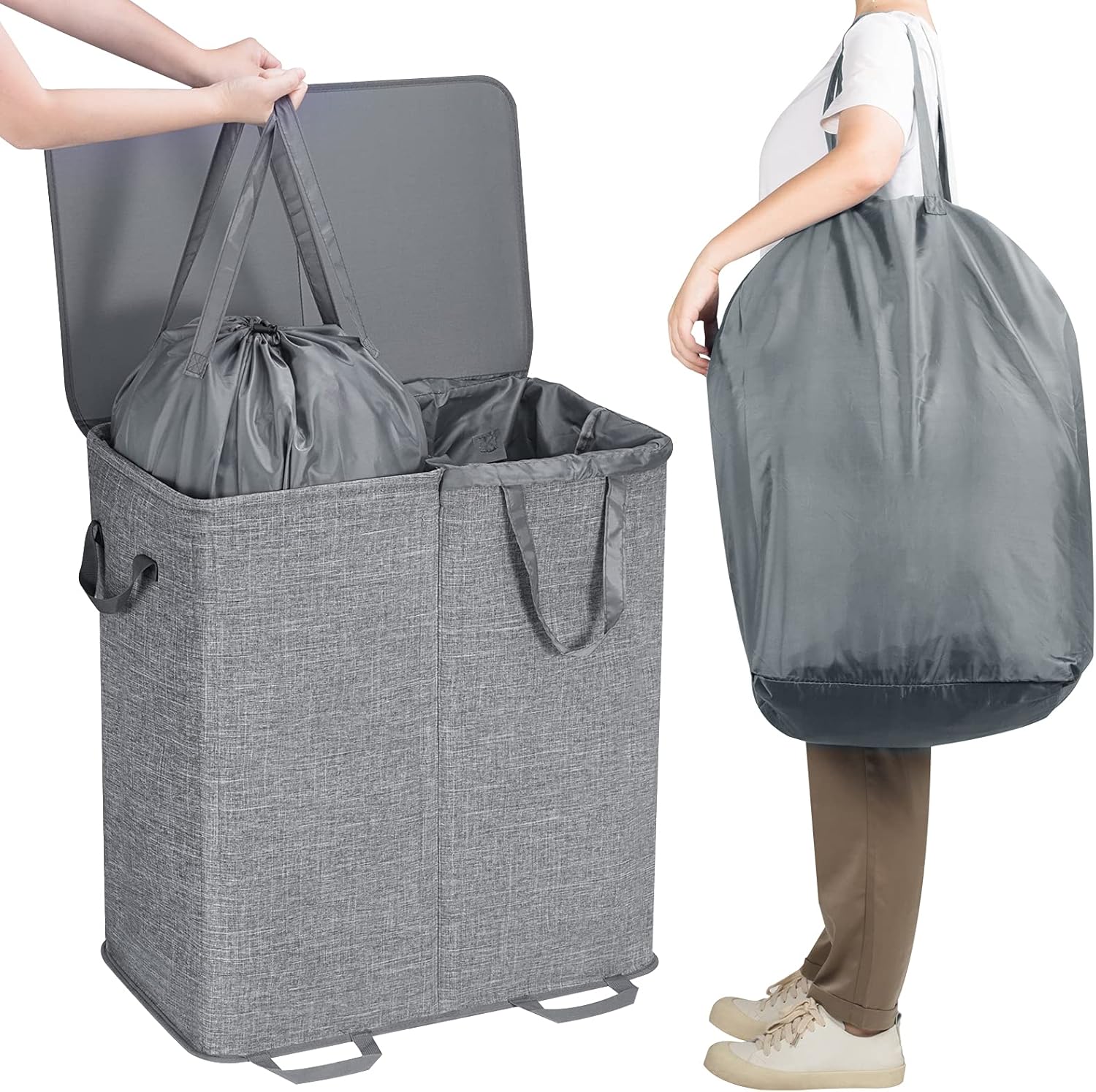 Double Laundry Hamper with Lid and Removable Laundry Bags, Large Collapsible 2 Dividers Dirty Clothes Basket with Handles