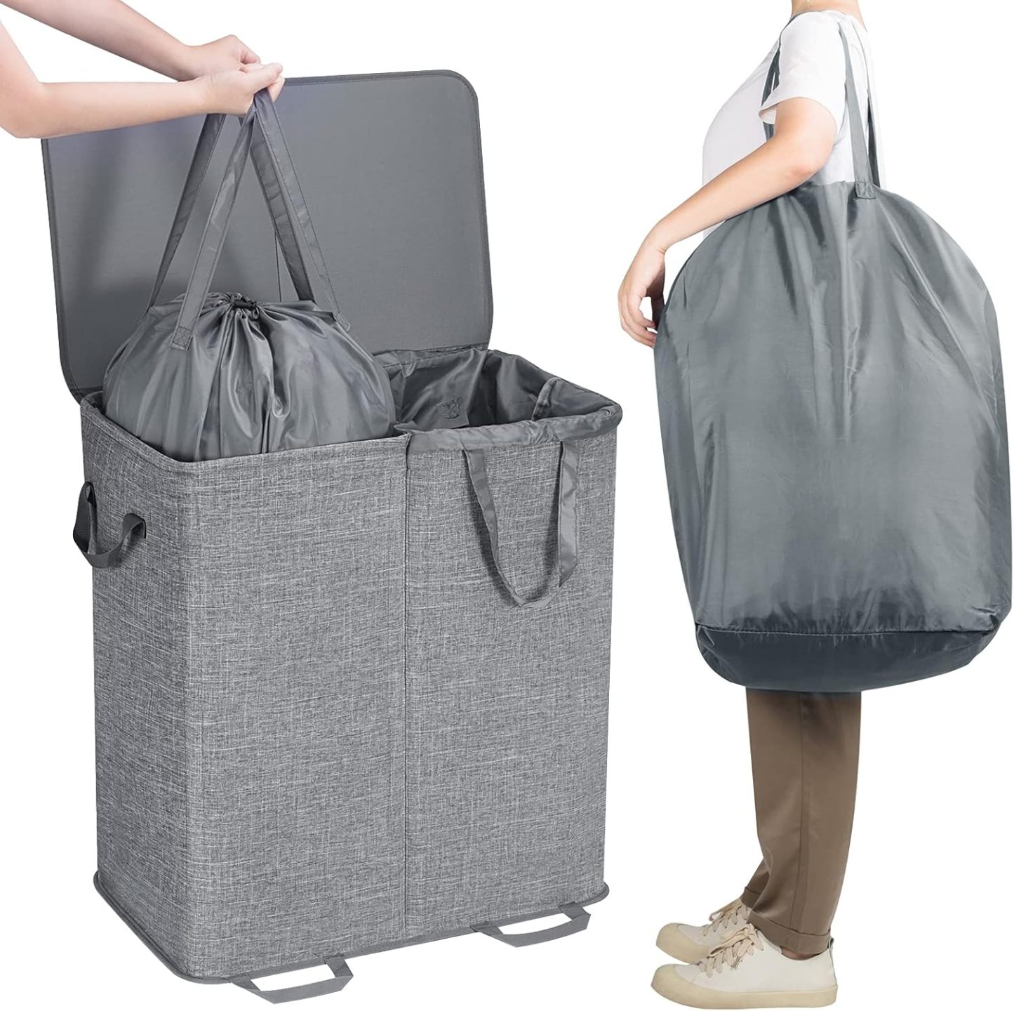 Double Laundry Hamper with Lid and Removable Laundry Bags, Large Collapsible 2 Dividers Dirty Clothes Basket with Handles