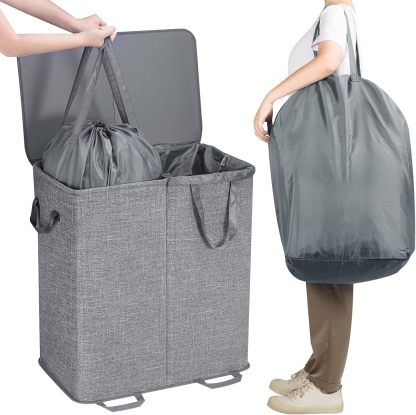 Double Laundry Hamper with Lid and Removable Laundry Bags, Large Collapsible 2 Dividers Dirty Clothes Basket with Handles