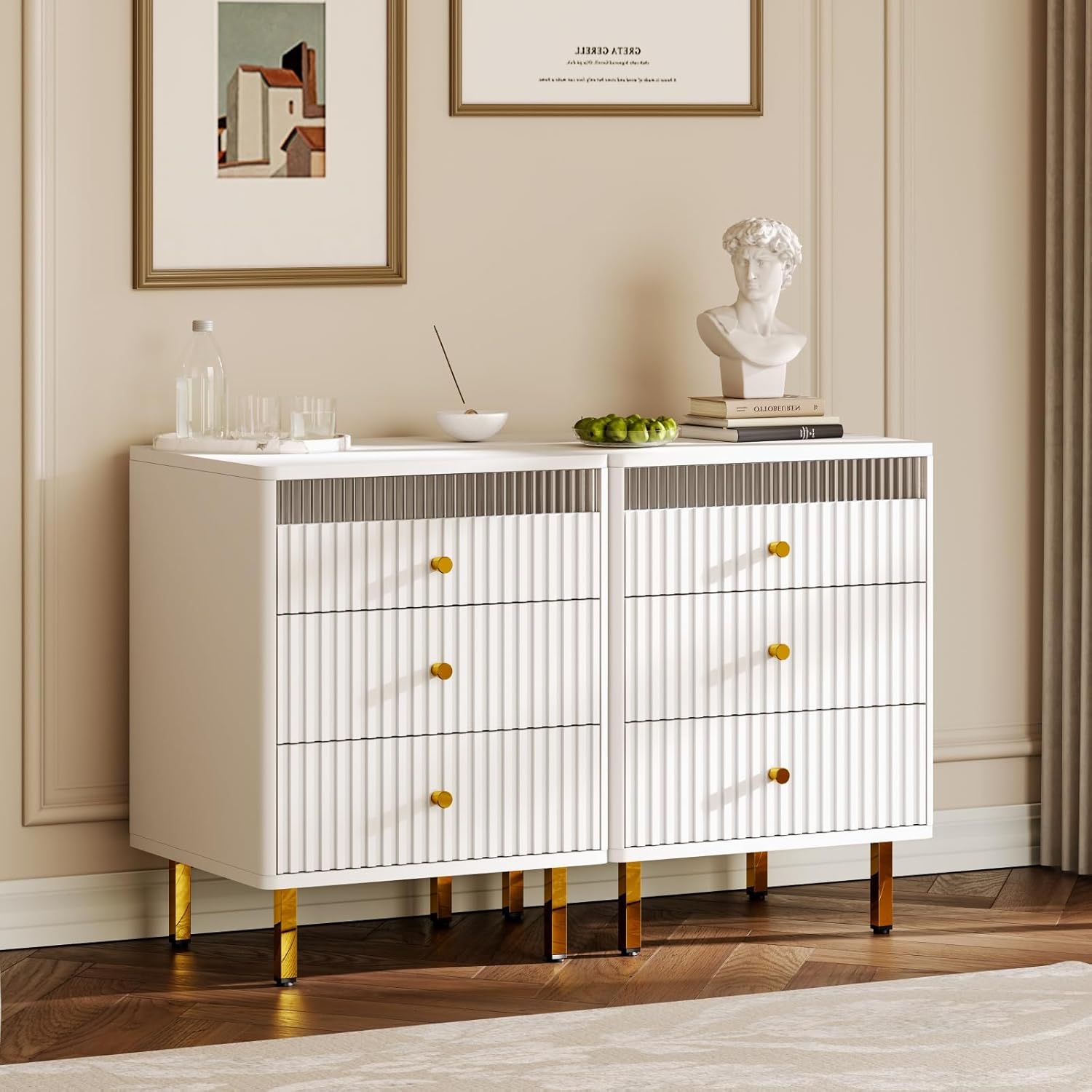 Night Stand, Fluted White Nightstand with 3 Drawers, End Table with Gold Legs and Handles