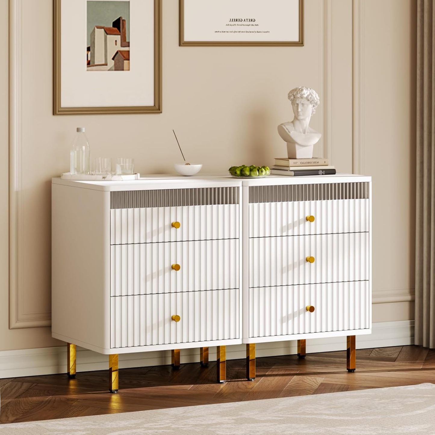 Night Stand, Fluted White Nightstand with 3 Drawers, End Table with Gold Legs and Handles