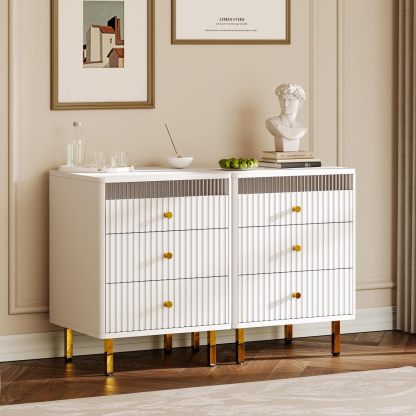 Night Stand, Fluted White Nightstand with 3 Drawers, End Table with Gold Legs and Handles
