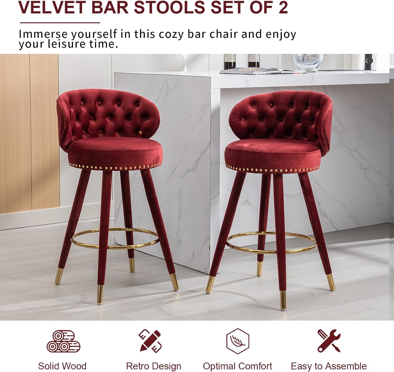 Velvet Bar Stools Set of 2, Counter Height Bar Stools, Retro Wooden Pub Barstools with Back and Footrest