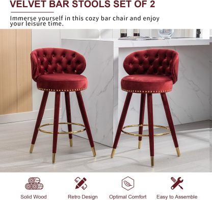 Velvet Bar Stools Set of 2, Counter Height Bar Stools, Retro Wooden Pub Barstools with Back and Footrest