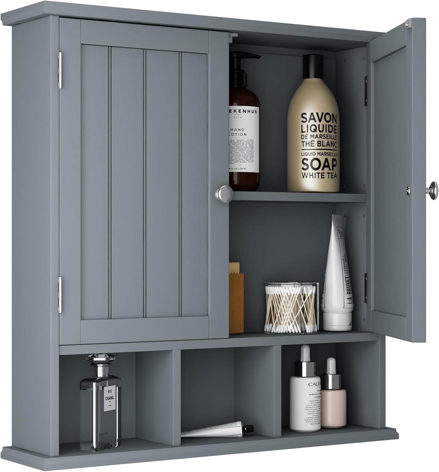 Bathroom Cabinet Wall Mounted 2-Door with 3 Open Shelves, Wooden Medicine Cabinets with Adjustable Shelf