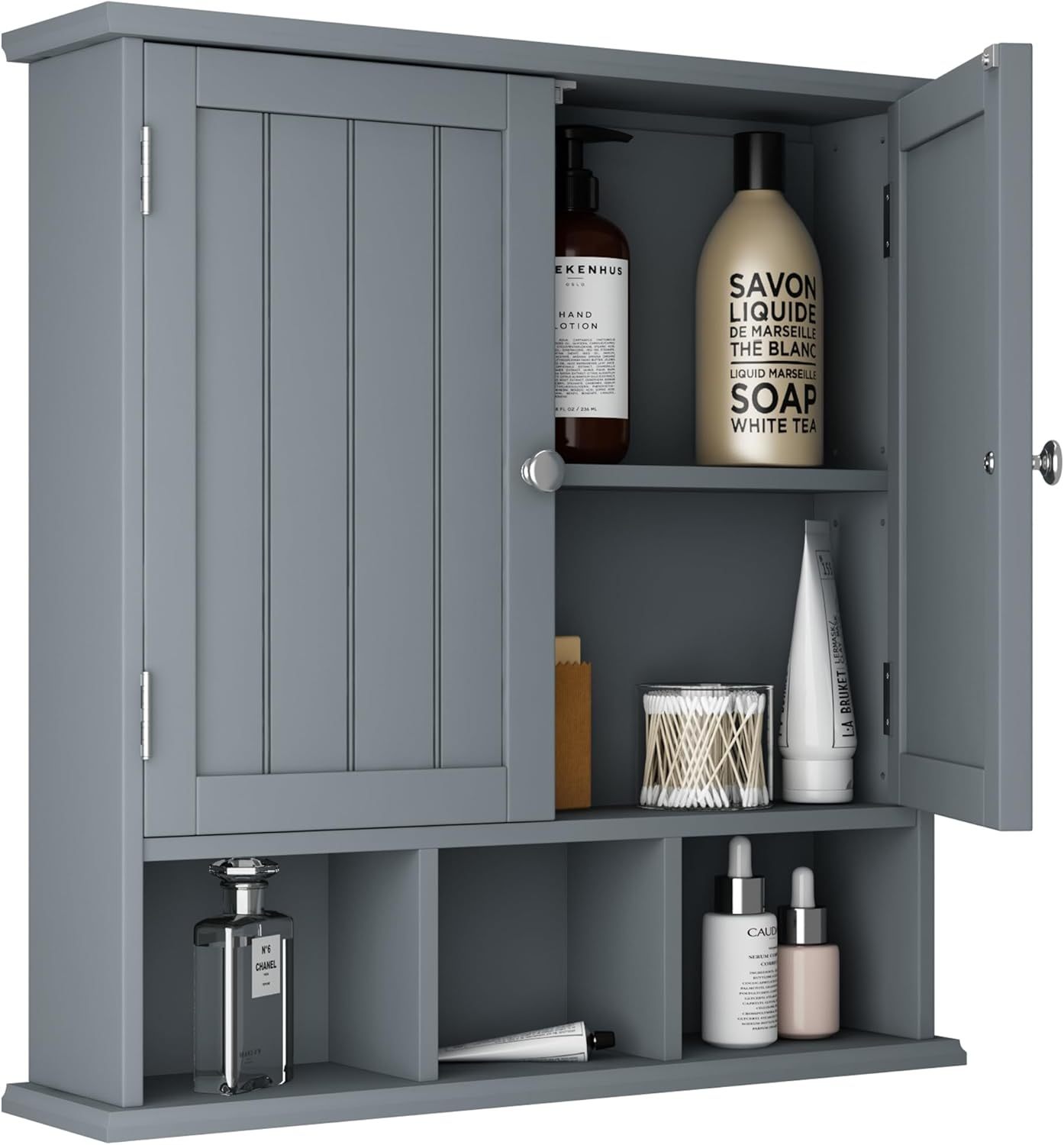 Bathroom Cabinet Wall Mounted 2-Door with 3 Open Shelves, Wooden Medicine Cabinets with Adjustable Shelf