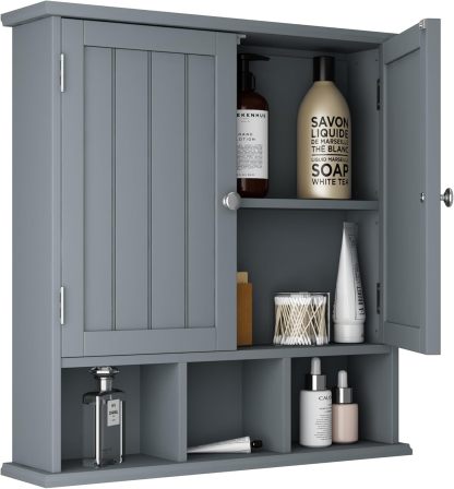 Bathroom Cabinet Wall Mounted 2-Door with 3 Open Shelves, Wooden Medicine Cabinets with Adjustable Shelf