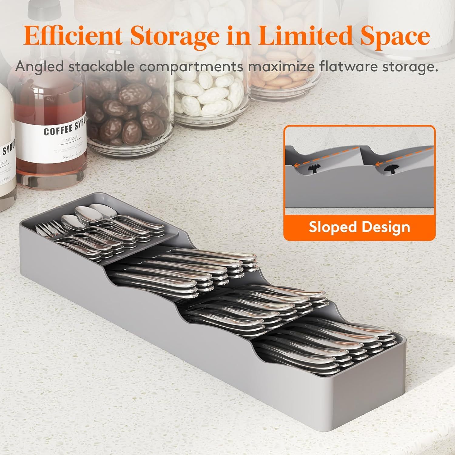 Compact Flatware Drawer Organizer, Narrow Silverware Tray for Kitchen Drawers, Plastic Cutlery Holder