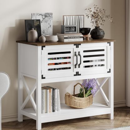 Farmhouse Console Table with Charging Station, 35.4 L x 17.7 D x 31.49 H Coffee Bar Cabinet with Storage