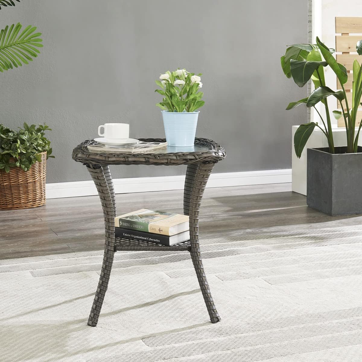 Patio Wicker Side Table Outdoor, Rattan End Table Glass Top Coffee Table with Storage Grey