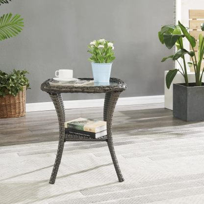 Patio Wicker Side Table Outdoor, Rattan End Table Glass Top Coffee Table with Storage Grey