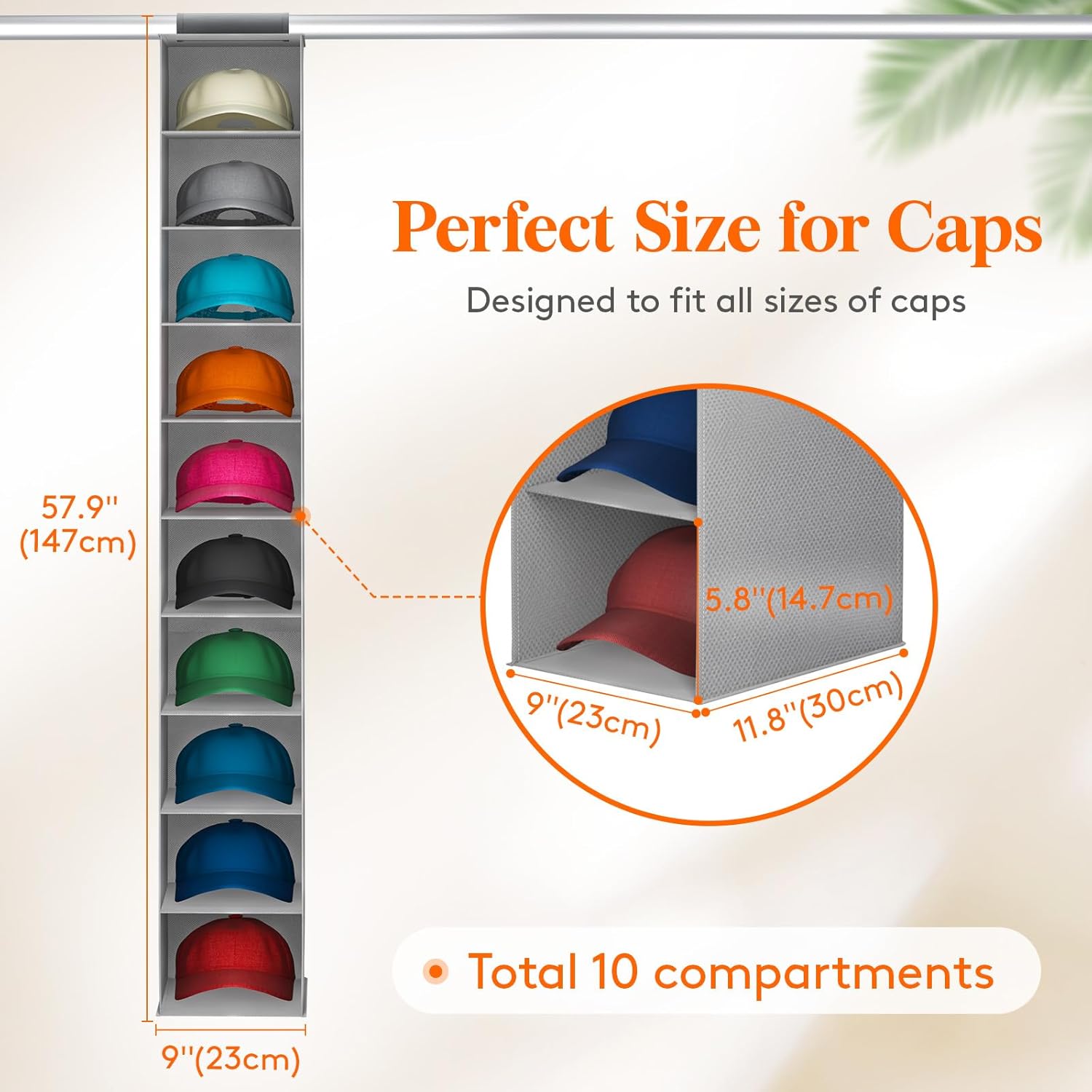 10 Compartments Hat Organizer for Baseball Caps, 1 Pack Hat Rack Hanging Storage Organizer