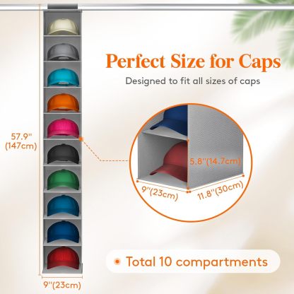 10 Compartments Hat Organizer for Baseball Caps, 1 Pack Hat Rack Hanging Storage Organizer
