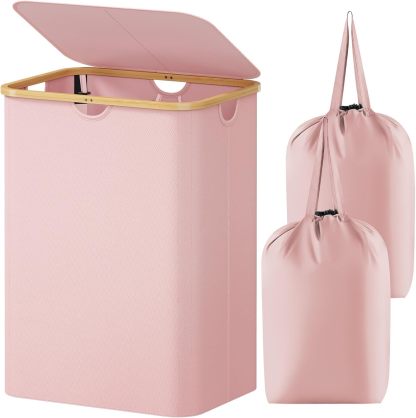 150L Laundry Basket with Lid, Clothes Hampers for Laundry with Bamboo Handles and 2 Removable Laundry Bags