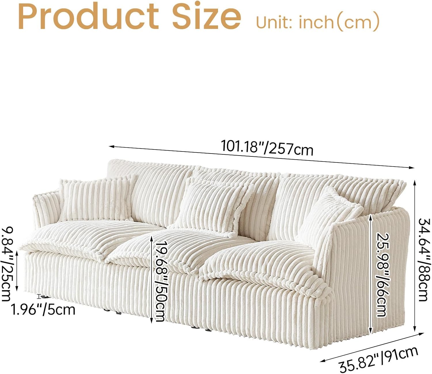 101" Spacious Corduroy Futon Couch, 3 Seater White Cloud Couch, Comfy Soft Sofa, Modern Corduroy Couch for Bedroom, 2 Seater Floor Couch for Living Room, Memory Foam Couch(White, 3 Seater)
