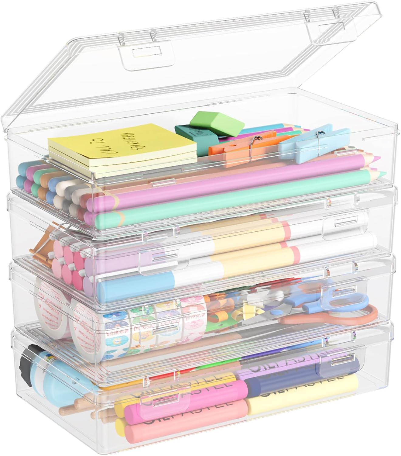 Plastic Pencil Box with Snap-tight Lid, Large Capacity Hard Pencil Case, Craft organizer for Art Supply,Office, 4 Pack