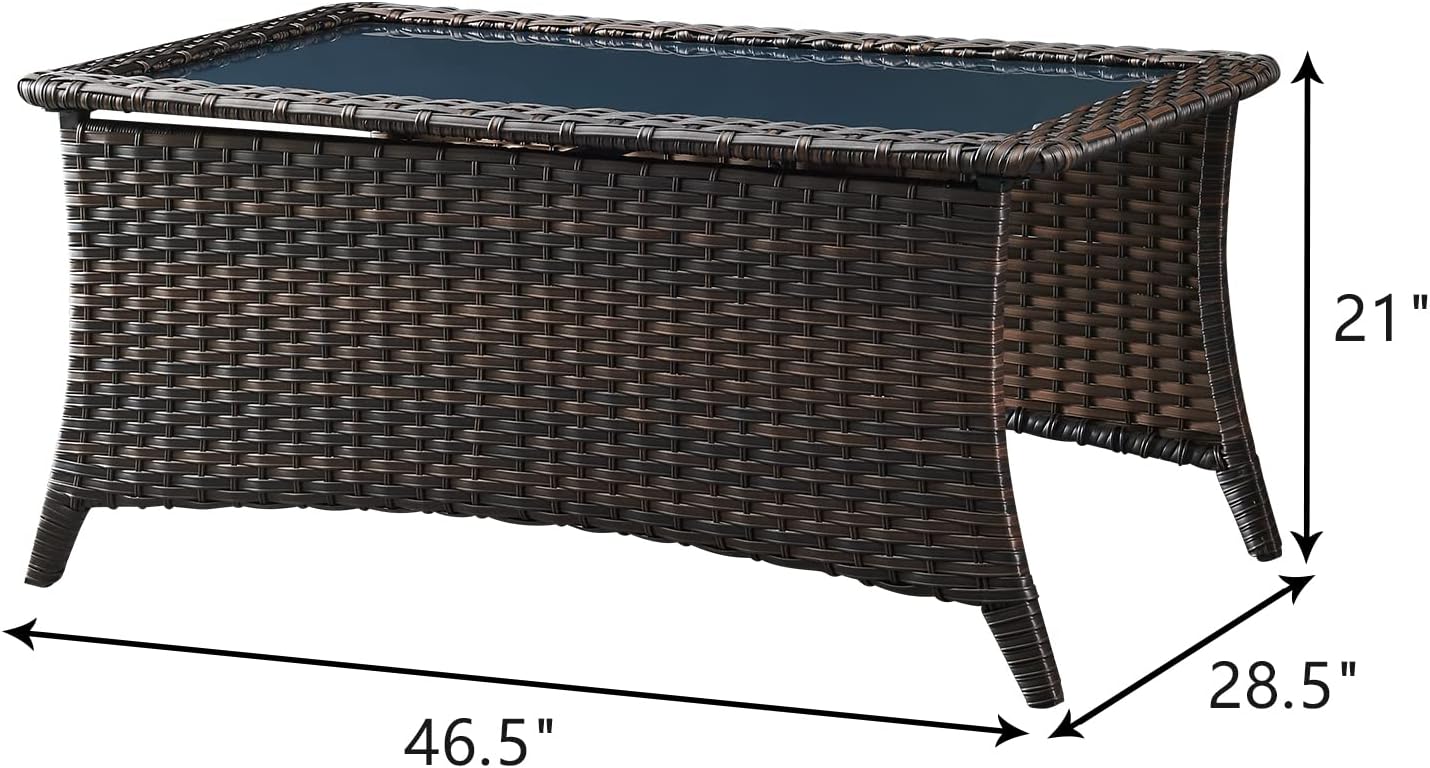Outdoor Coffee Table Patio Rattan Patio Side Table Built-in Black Glass Top PE Wicker Rectangle Sofa Table Dark Brown