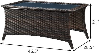 Outdoor Coffee Table Patio Rattan Patio Side Table Built-in Black Glass Top PE Wicker Rectangle Sofa Table Dark Brown