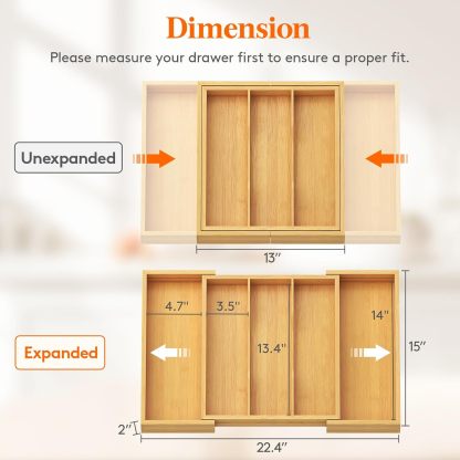 Utensil Organizer for Kitchen Drawer, Expandable Cooking Utensil Tray, Bamboo Cutlery Silverware Flatware Holder