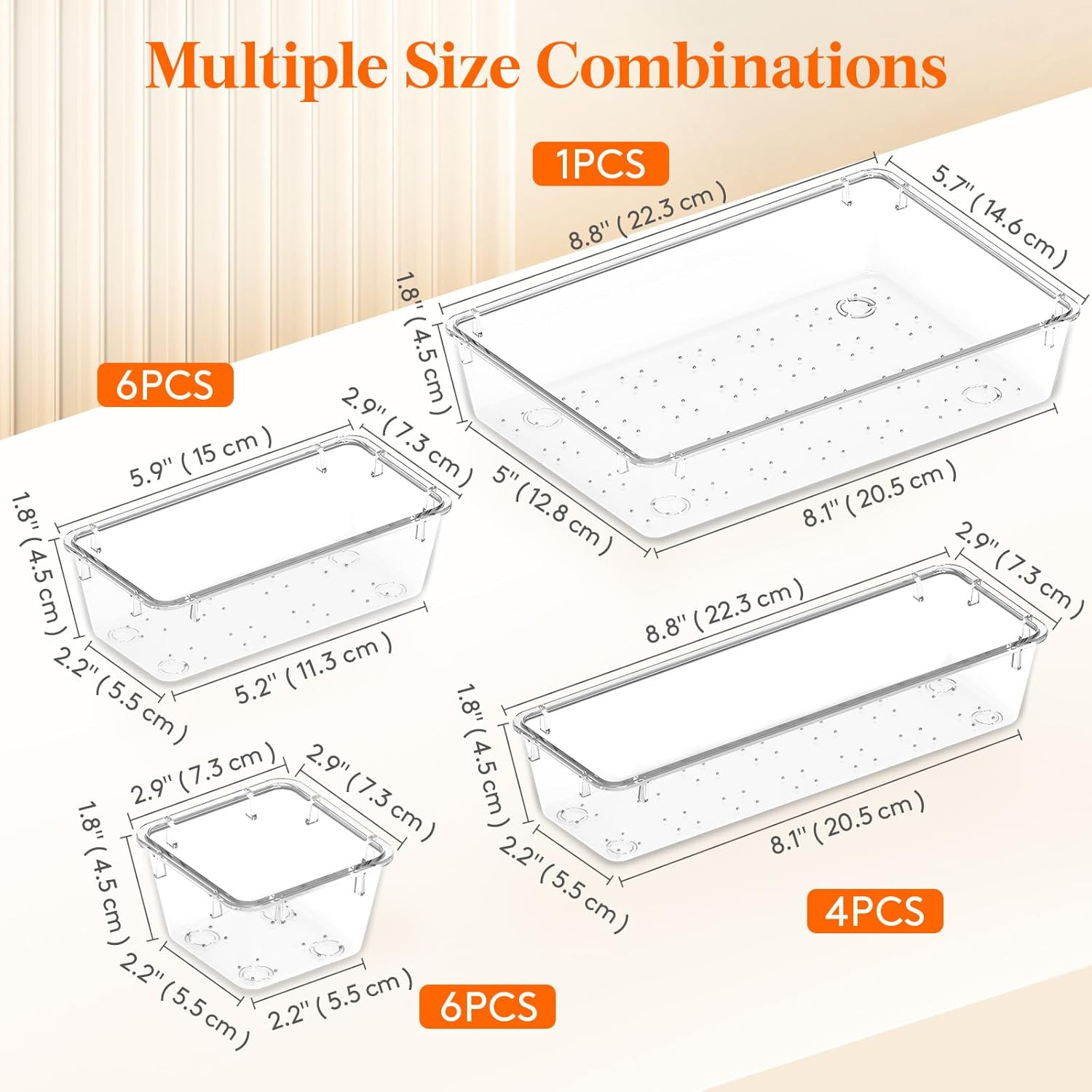 Drawer Organizer 17PCS, 4 Sizes Clear Plastic Desk Drawer Dividers, Storage Separation Bins for Make Up, Kitchen Utensils